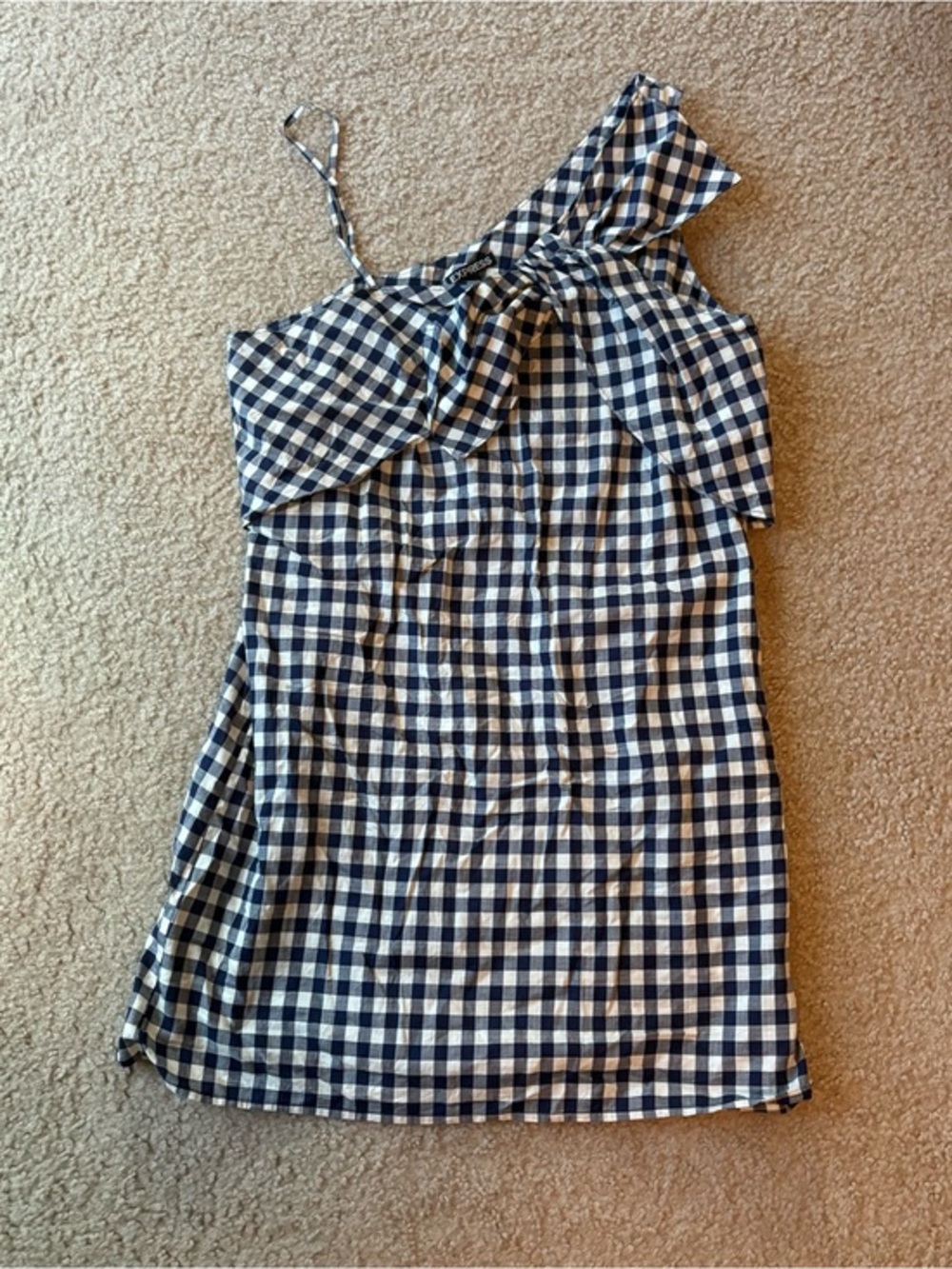 Express Navy and White Gingham One-Shoulder Dress
